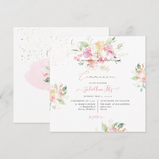 PixDezines Watercolor Suetpeas Holy Communion 招待状 (正面/裏面)