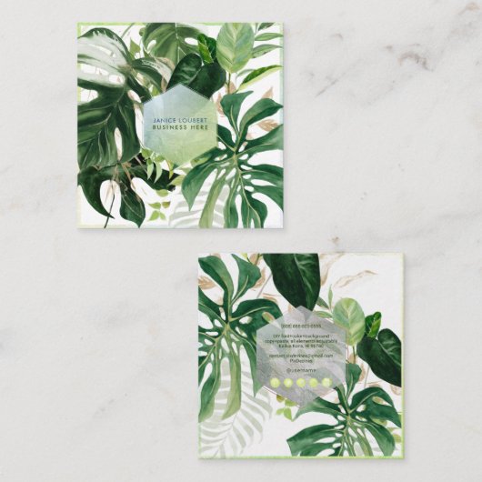PixDezines Watercolor Variegated Tropical Greenery スクエア名刺 (正面/裏面)