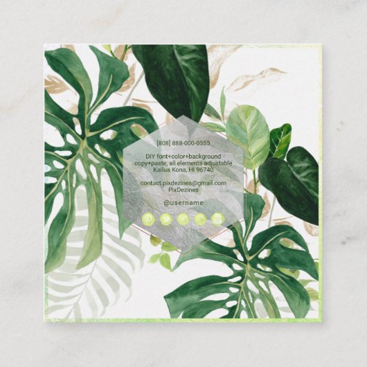 PixDezines Watercolor Variegated Tropical Greenery スクエア名刺 (裏面)