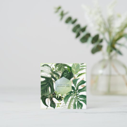 PixDezines Watercolor Variegated Tropical Greenery スクエア名刺 (スタンド正面)