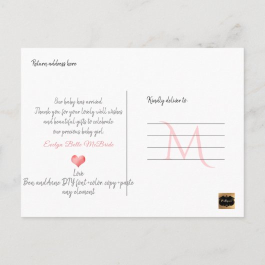 PixDezines Welcome Baby Girl, フェイク Foil Script 案内ポストカード (裏面)