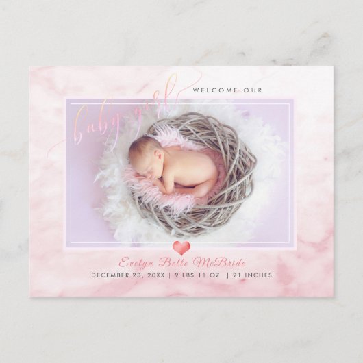 PixDezines Welcome Baby Girl, フェイク Foil Script 案内ポストカード (正面)
