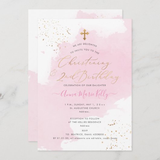 PixDezinesPink水彩《キリスト教》洗礼式や命名式2nd誕生日 招待状 (正面/裏面)