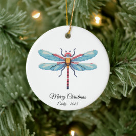Pixel Art Blue Dragonfly Insect Art Christmas Gift セラミックオーナメント