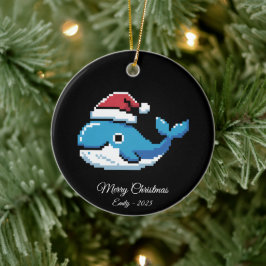 Pixel Art Blue Whale Santa Hat セラミックオーナメント