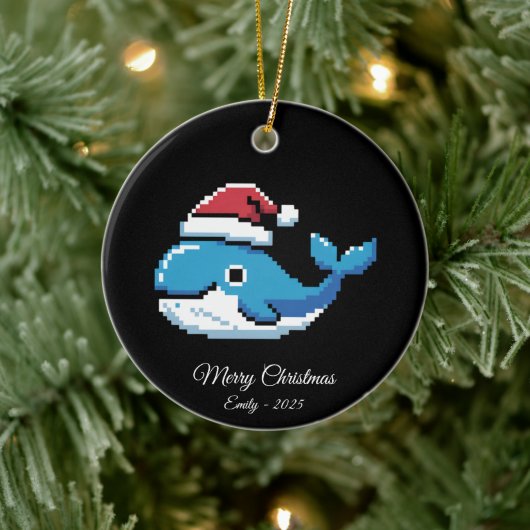Pixel Art Blue Whale Santa Hat セラミックオーナメント (ツリー)