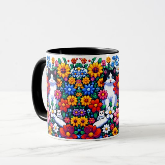 Pixel Art Cat、Kitten、Flowers マグカップ (正面左)