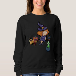Pixel Art Halloween Witch on Broomstick with Cat スウェットシャツ