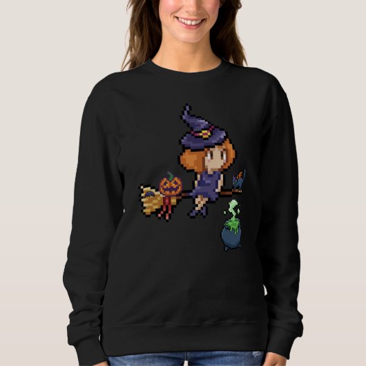 Pixel Art Halloween Witch on Broomstick with Cat スウェットシャツ (正面)