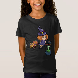 Pixel Art Halloween Witch on Broomstick with Cat Tシャツ