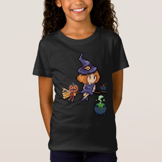 Pixel Art Halloween Witch on Broomstick with Cat Tシャツ (正面)