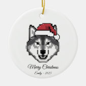 Pixel Art Husky Dog Santa Hat Christmas Gift セラミックオーナメント (正面)