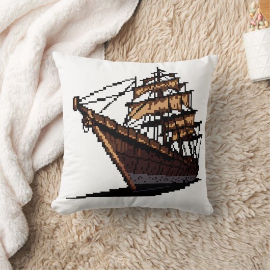 Pixel Art Pirate Ship on Grey Background クッション (ブランケット)