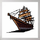 Pixel Art Pirate Ship on Grey Background ポスター (正面)