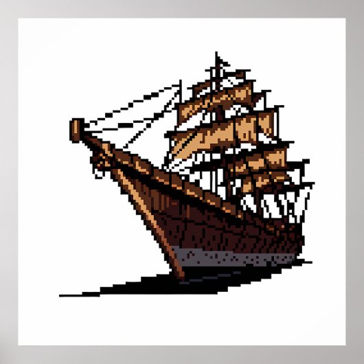 Pixel Art Pirate Ship on Grey Background ポスター (正面)