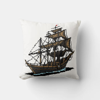 Pixel Art Sailing Ship on Water クッション