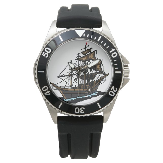 Pixel Art Sailing Ship on Water 腕時計 (正面)