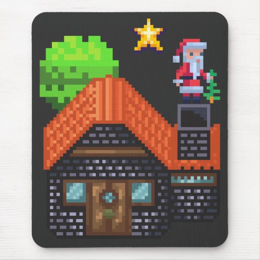 Pixel Art Santa on Rooftop Christmas House Scene マウスパッド (正面)