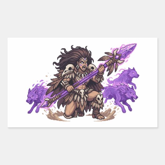 Pixel Art Shaman Warrior with Spirit Wolves Fantas 長方形シール (正面)