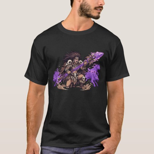 Pixel Art Shaman Warrior with Spirit Wolves Fantas Tシャツ (正面)