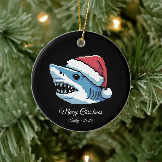 Pixel Art Shark Santa Hat セラミックオーナメント (ツリー)