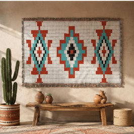 Pixel Art Southwestern Geometric Turquoise Red and スローブランケット