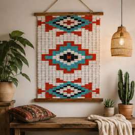 Pixel Art Southwestern Geometric Turquoise Red and 吊り下げ型タペストリー