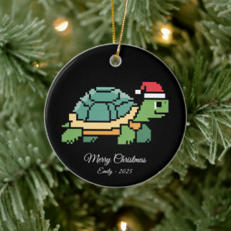 Pixel Art Turtle Tortoise Santa Hat セラミックオーナメント