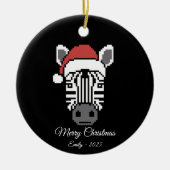 Pixel Art Zebra Santa Hat Black Background Gift セラミックオーナメント (正面)