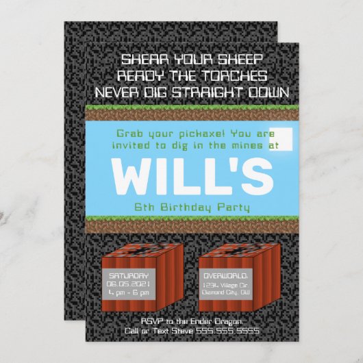 Pixel Block Gaming Birthday Invitation 招待状 (正面/裏面)