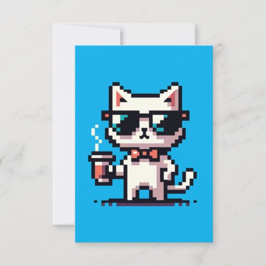 Pixel Cat クール with Coffee - 8ビットレトロ猫 カード (正面)