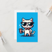 Pixel Cat クール with Coffee - 8ビットレトロ猫 カード (正面/裏面インサイチュ)