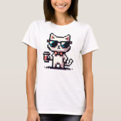 Pixel Cat クール with Coffee - 8ビットレトロ猫 Tシャツ (正面)