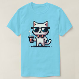 Pixel Cat クール with Coffee - 8ビットレトロ猫 Tシャツ