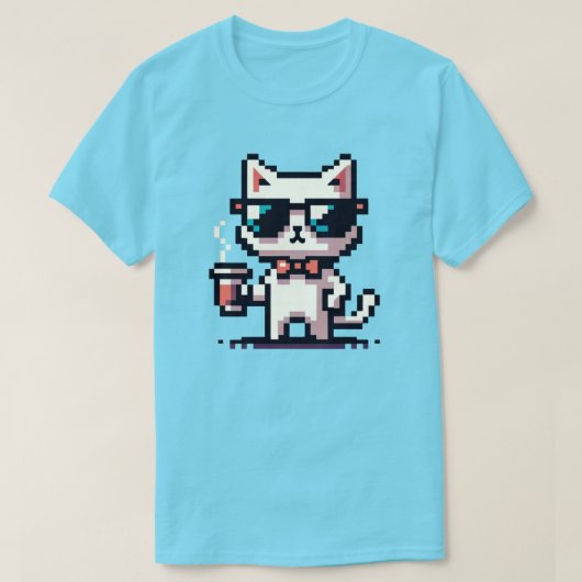 Pixel Cat クール with Coffee - 8ビットレトロ猫 Tシャツ (デザイン正面)