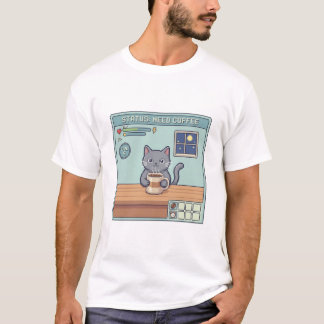 Pixel Cat Need Coffee – Retro RPG Game Status Tシャツ