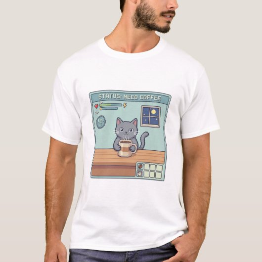 Pixel Cat Need Coffee – Retro RPG Game Status Tシャツ (正面)