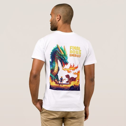 Pixel dragon boss breathing fire at tiny hero  tシャツ (裏面フル)