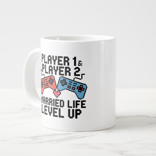 Pixel Gaming Couple Level Up Design ジャンボコーヒーマグカップ (正面左)