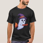 Pixel-Geist auf Besen – Halloween Retro Design Tシャツ (正面)