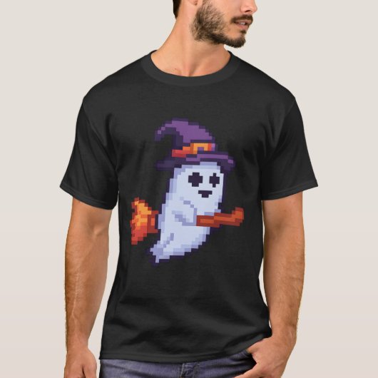 Pixel-Geist auf Besen – Halloween Retro Design Tシャツ (正面)