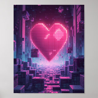 Pixel Heart Neon City — Futuristic Gaming Poster ポスター