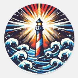 Pixel Light house in Stormy Seas ラウンドシール