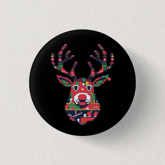 Pixel Reindeer Retro Ugly Sweater Button 缶バッジ (正面)