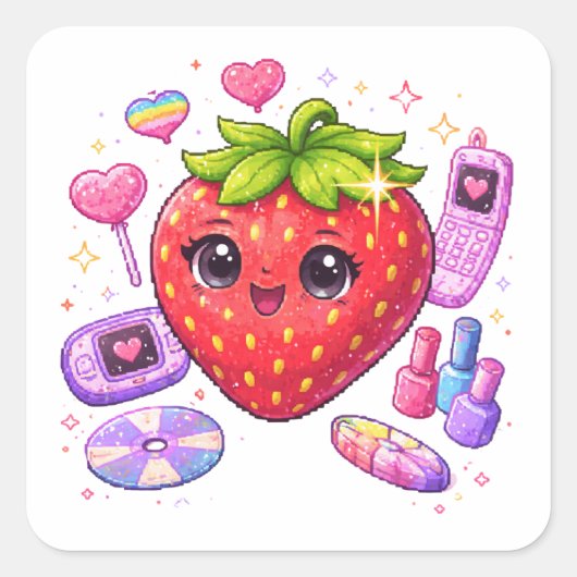 Pixel Strawberry Y2K Sticker スクエアシール (正面)