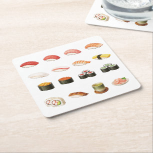 Pixel Sushi Coaster – Japanese Food Design スクエアペーパーコースター
