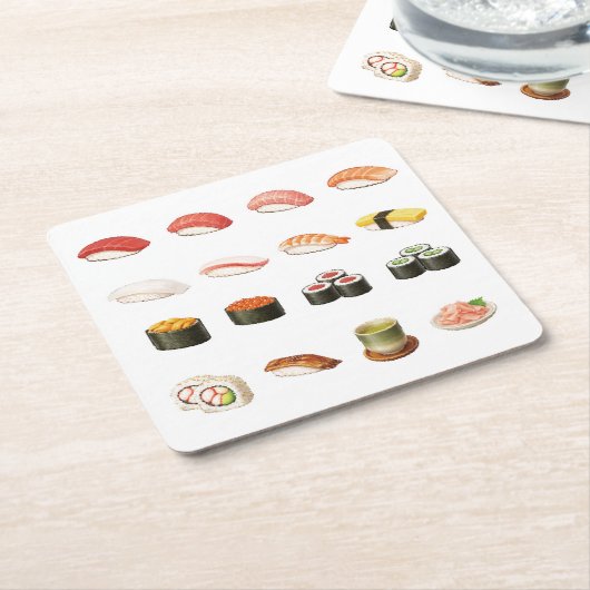 Pixel Sushi Coaster – Japanese Food Design スクエアペーパーコースター (アングル)
