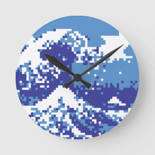 Pixel Tunami Blue 8ビットピクセルアート ラウンド壁時計