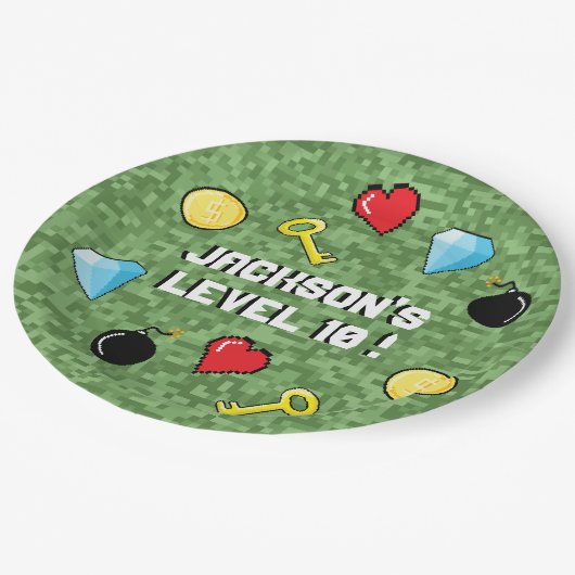 Pixelsアーケードゲームレベルアップ子供の誕生日 ペーパープレート (アングル)