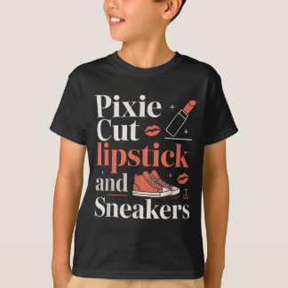 Pixie cut lipstick and sneakers short hair style  tシャツ